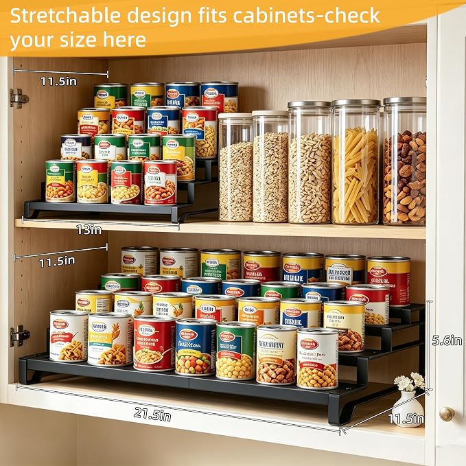 Expandable Can Organizer for Pantry, 4 Tier Metal Canned Food Storage 2Pack | 13"-21" Adjustable Length, Tiered Reversible Shelf Design, Large-Capacity Storage for Kitchen Cabinets & Countertops - Image 2