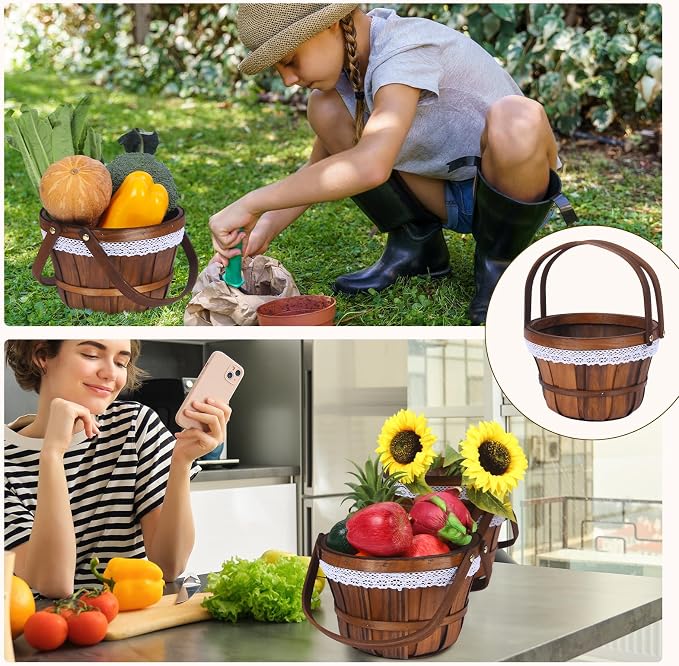 Wooden Baskets 10" x 6.5", 6 Pack Brown Apple Harvest Baskets | Round Handled Baskets Hold Produce, Flowers, Easter Eggs Or Favors for Farms, Markets, Weddings, Parties and Decor - Image 4