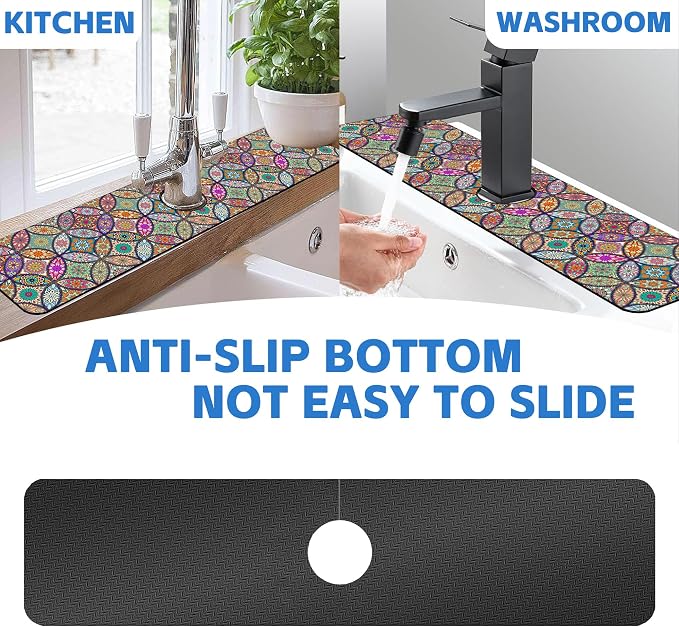 Kitchen Faucet Mat Islam Mandala Floral Flower Sink Splash Guard Behind Faucet Draining Mat Kitchen Accessories Non-slip Easy to Clean for Bathroom & Kitchen 24"X5.5" - Image 7