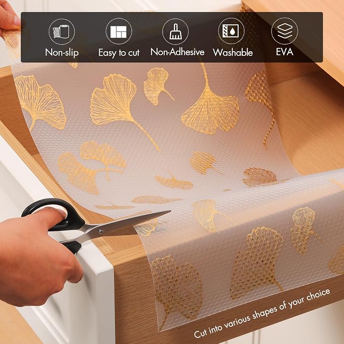 Cooyes Shelf Liner, Non Adhesive Drawer and Cabinet Liner, EVA Washable Oil-Proof Shelf Paper for Kitchen Cabinets, Refrigerator, Storage, Desks with Modern Pattern （Gold Ginkgo，11.8" W x 360" L） - Image 5