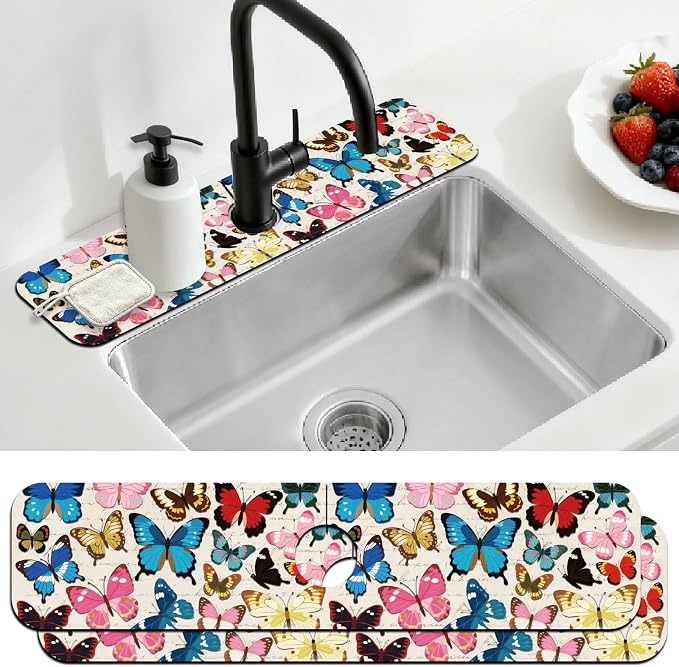 2 Pcs Kitchen Sink Splash Guard Faucet Mat Butterfly Pattern Faucet Mat for Sinks Absorbing Drying Mats for Kitchen Bathroom, 23.6x5.5inch by CONCHLERY%E6%97%97%E8%88%B0%E5%BA%97