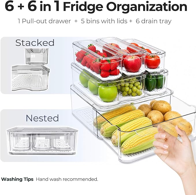 SMRCAD Clear Fridge Bins with Drain Trays - BPA-Free PET, Stackable(6 Pack) | 6 Pack: 1 Drawer + 5 lidded Bins, Helps Keep Produce Fresh, 16.3L Capacity, Hand Wash Only - Image 7