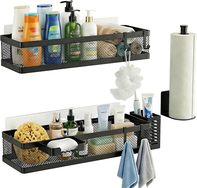 PUSDON 5-in-1 16.5" Extra Long Slim Wall Mount Wrapped Mesh Kitchen Organizer & Shower Caddy Kit, with Paper Towel Holder, Utensil Holder, Soap Dish, Holds 50LBS - Matte Black, Netting - Image 3