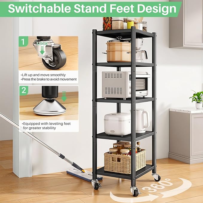 PXRACK 5-Tier Kitchen Storage Shelves, Adjustable Metal Shelves for Storage Pantry Shelves with Rolling Wheels, Storage Rack Shelving Unit Organizer for Bedroom Laundry Closet - Image 5
