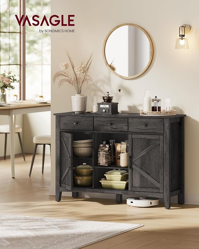VASAGLE LIRY Collection - Coffee Bar Cabinet, Kitchen Storage Cabinet with 3 Drawers, Farmhouse Sideboard with Adjustable Shelf for Kitchen, Antique Charcoal UBBK371B02V1 - Image 2