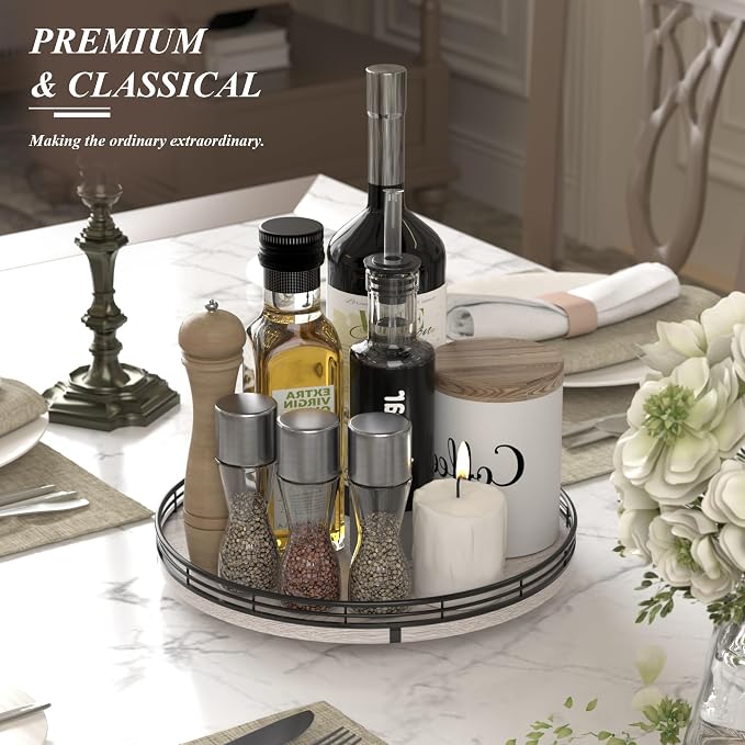 AMH 12-Inch Whitewashed Farmhouse Lazy Susan Tray with Black Metal Frame | Smooth rotating oak tray with walnut finish for dining tables, kitchen counters, pantries and cabinet storage. - Image 3