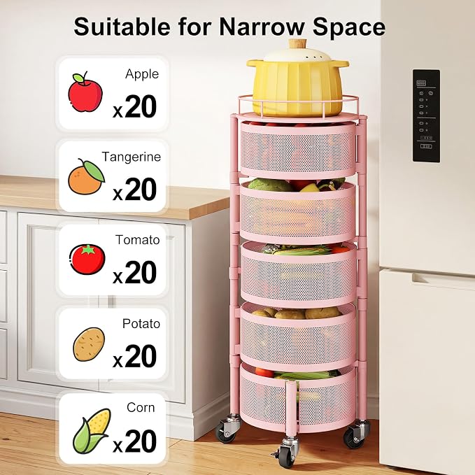 SAYZH 5 Tier Fruit Vegetable Basket Stand for Kitchen, Rotating, Pink | Rolling Storage Cart with top lid, Large Metal Wire Rack for Potato and Onion Storage - Image 7