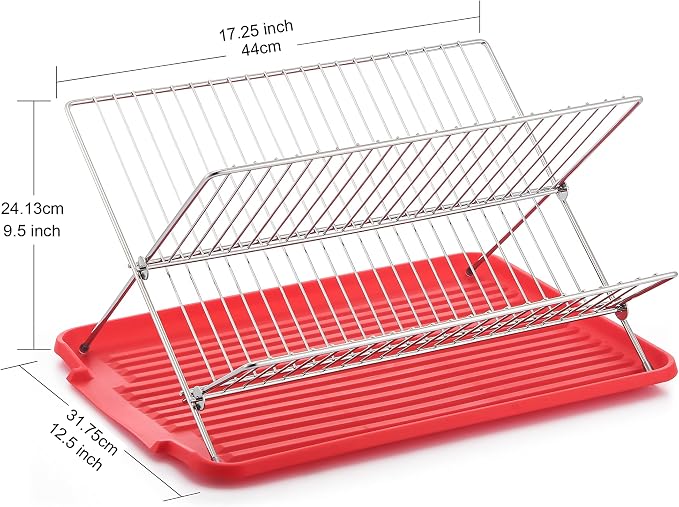 J&V TEXTILES Foldable Dish Drying Rack with Drainboard, Stainless Steel 2 Tier Drainer, Collapsible Folding Rack for Kitchen Sink, Countertop, Cutlery, Plates (Red) - Image 2