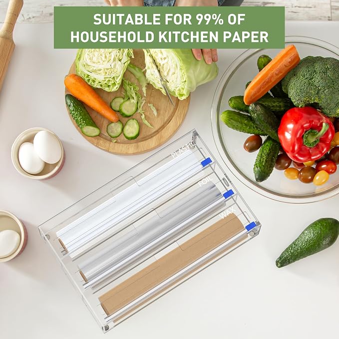 3 in 1 Clear Acrylic Foil, Plastic Wrap Organizer with Cutter | Kitchen Storage, Aluminum Foil Dispenser, Wax Paper Holder, For Drawer or Wall Mount, Fits 12 Inch Roll - Image 2