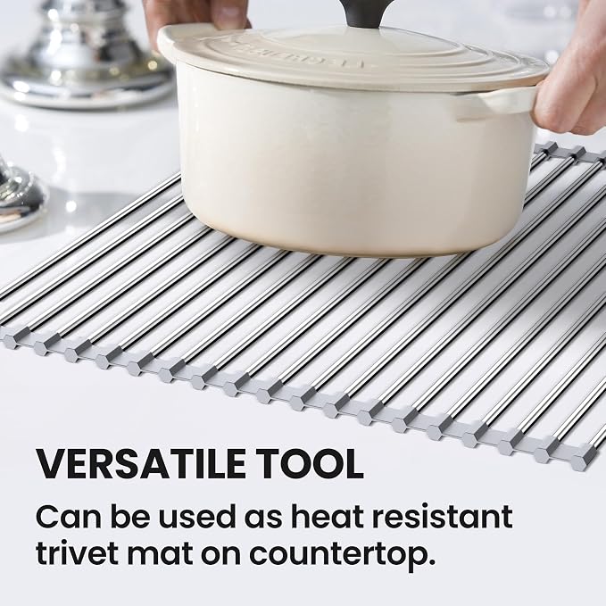 Dish Drying Rack, Roll Up Over The Sink Dish Drying Rack for Kitchen,17.5" x 15.7", Gray - Image 6