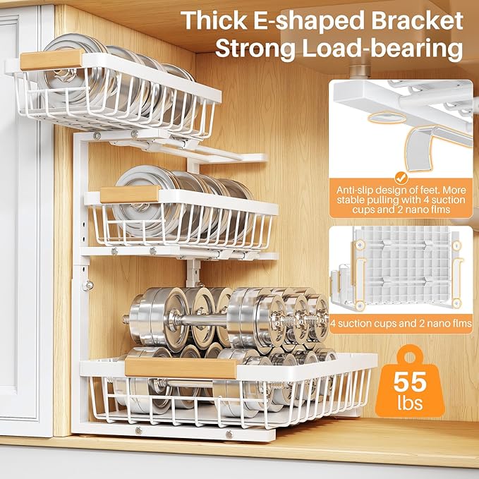 PXRACK Under Sink Organizer, 1-Pack 3-Tier Height Adjustable Thickened Metal Pull out Cabinet Organizer Shelf, Slide out Storage Drawer Rack for Bathroom Kitchen Pantry Home Organization, White - Image 5