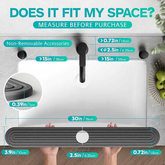 Stone Faucet Mat for Kitchen Sink – Diatomite Fast-Drying Stone Tray, Faucet Mat Sink Splash Guard, Decorative Sink Protector for Kitchen Bathroom Counter (Dark Grey, 30''x3.9'') - Image 2