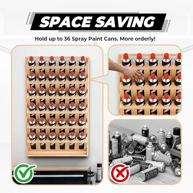 Sidasu Spray Can Storage Rack, 36-Can Wall Mount Spray Can Holder | 6-Tier Design, Wooden Spray Bottle Holder, DIY Paintable, Paint Can Organizer for Garages and Workshops - Image 2