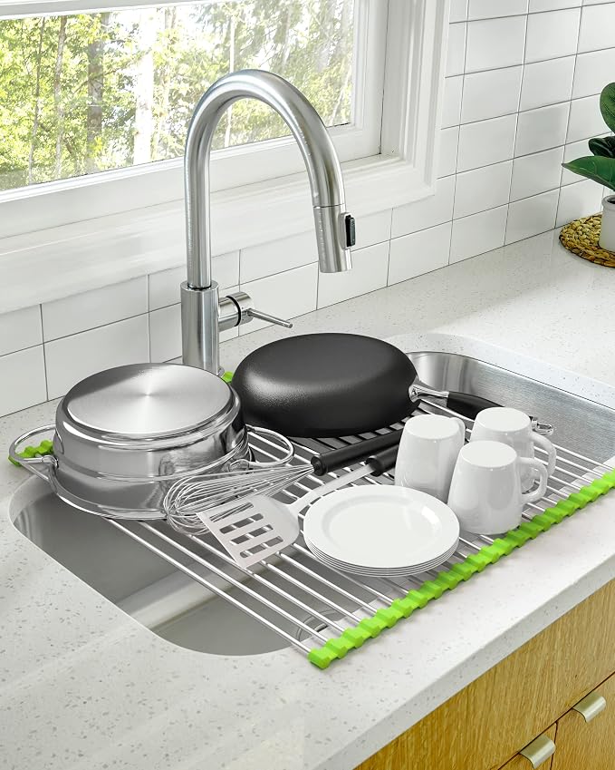 XL Roll Up Dish Drying Rack - 20x18 Over Sink Stainless Steel | Over sink design with 38% more drying space. Space-saving roll up dish drainer rack for small kitchens & apartment counters by Pennakool