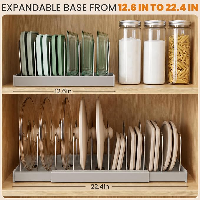 2 Pack Expandable Pot Lid Organizers with 10 Adjustable Dividers | 12.6-22.4 Inch Pots and Pans Organizer Rack Under Cabinet, Countertop, Pan Lids, Bakeware, Food Container Lids, Grey - Image 3