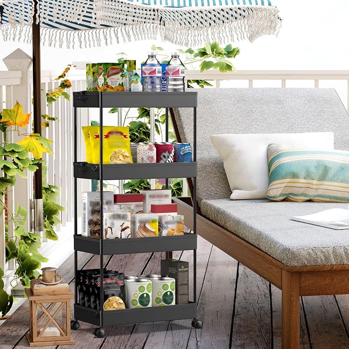 SPACEKEEPER Storage Cart 4-Tier, Bathroom Rolling Cart Utility Storage Organizer Shelf Mobile Shelving Unit for Kitchen Living Room Bathroom Laundry Room & Dressers, Black | Mobile Storage Cart for Laundry Room Organization,Kitchen,Office,Bathroom, Uti... - Image 6