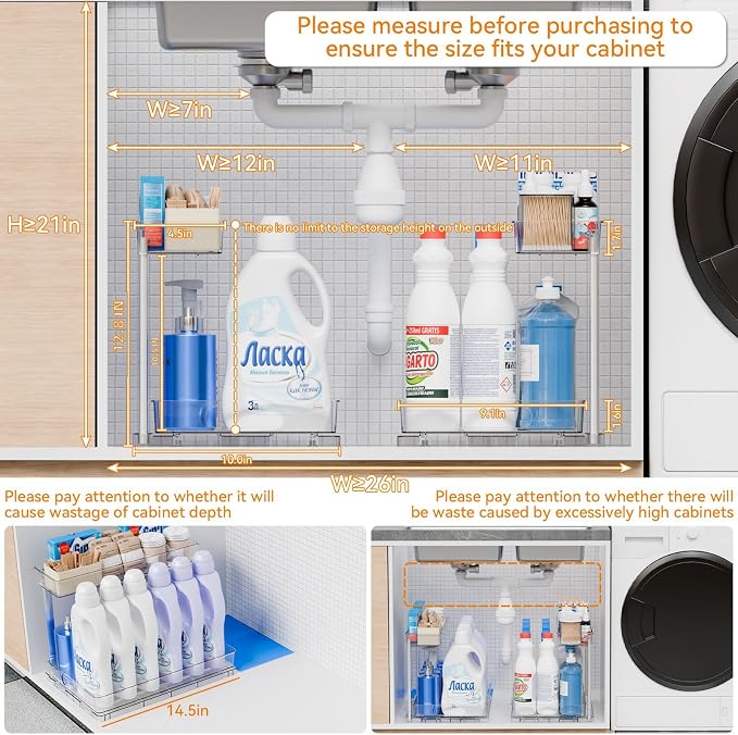 2 Pack 14.6″ Deep Pull Out Under Sink Organizer,12.8″ High 2 Tier Slide Out Cabinet Organizer for Kitchen Cabinet,Undersink Organizers,Under Sink Shelves,Bathroom Organizers and Storage,Clear - Image 3