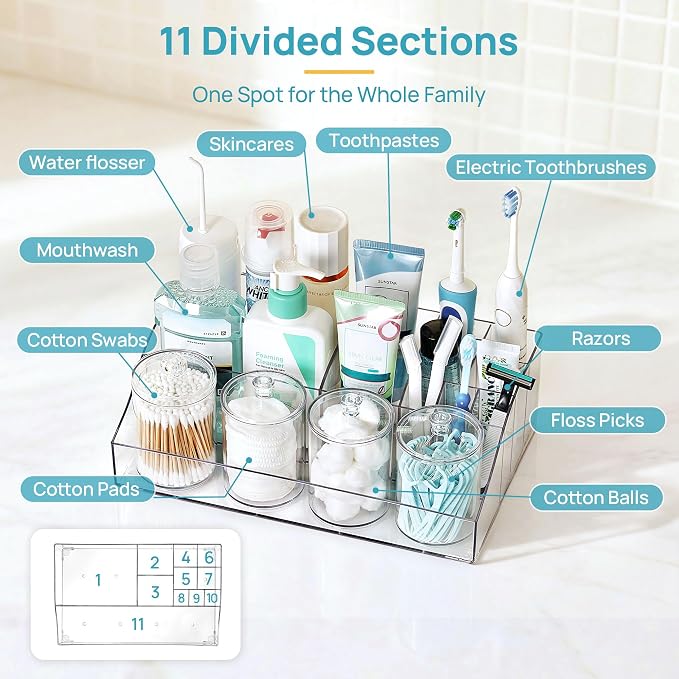 Vtopmart 5 PCS Bathroom Countertop Organizer Sets | 1 Divided Tray, 4 Qtip Holder Jars, Clear, For Toothbrush, Cotton Pads, for bathroom countertop - Image 4