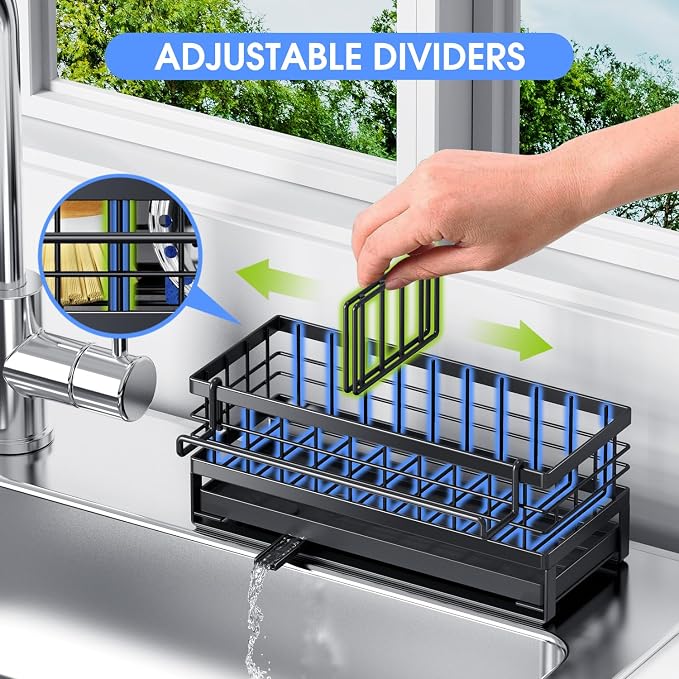 Metal Kitchen Sink Sponge Holder, Countertop Sink Caddy, Black | Rustproof Kitchen Caddy Sink Organizer, Non-Slip Sponge Caddy with 360° Self-Draining Tray, Detachable Dish Cloth Holder - Image 5