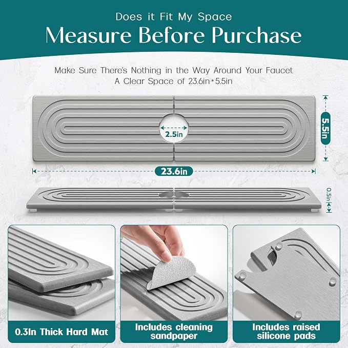Kitchen Faucet Absorbent Mat - Large Diatomaceous Earth Splash Guard for Sink Faucet, Aesthetic Water Absorbing Stone Tray in The Modern Home (Grey, 23.6" x 5.5") - Image 2