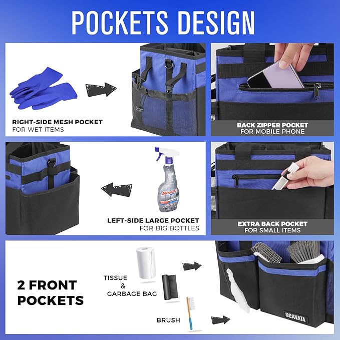 SCAVATA Compact Wearable Cleaning Caddy with Handle & Shoulder Straps | Small Cleaning Supplies Organizer, Under Sink & Car Cleaning Tools Storage Bag for Housekeepers Cleaners, Blue - Image 2