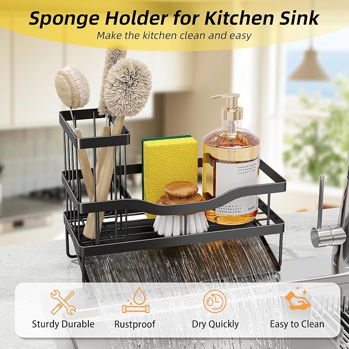 Sponge Holder for Kitchen Sink, Mecyfaty Sink Caddy with Self Drain Tray, Kitchen Sink Organizer, Stainless Steel Countertop Sink Sponge Holder for Dish Soap Kitchen Organizers and Storage Accessories - Image 7