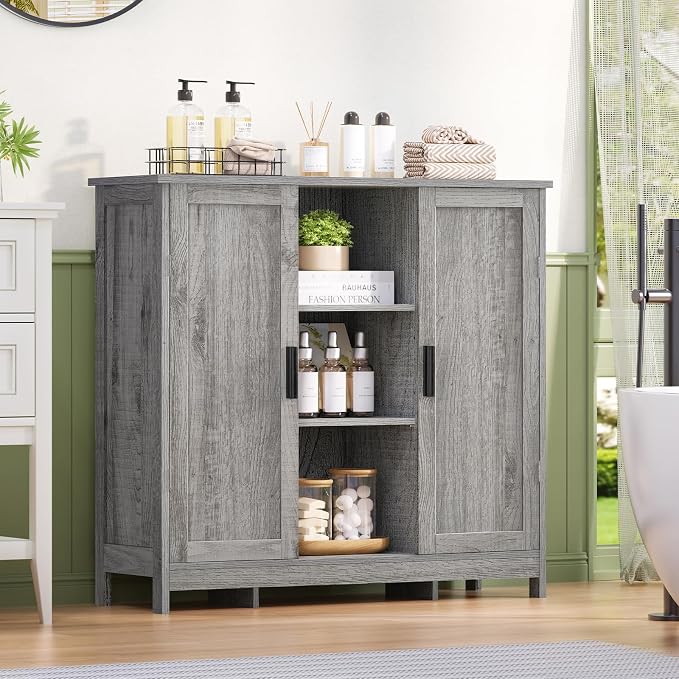 Iwell Storage Cabinet with 2 Doors and 4 Adjustable Shelves, Buffet Cabinet with Storage, Floor Cabinet for Living Room, Entryway, Kitchen, Rustic Gray - Image 8