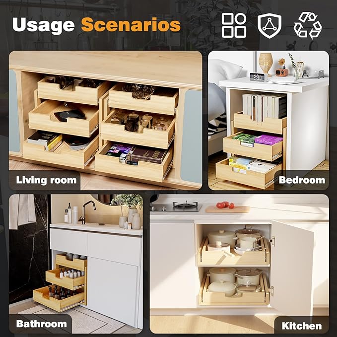 Pull Out Cabinet Organizer, 11''W×21''D Sliding Drawers for Cabinets, Soft Close Slide Out Wooden Pull out Drawers, Base Cabinet Organization for Kitchen, Pantry, Bathroom - Image 7