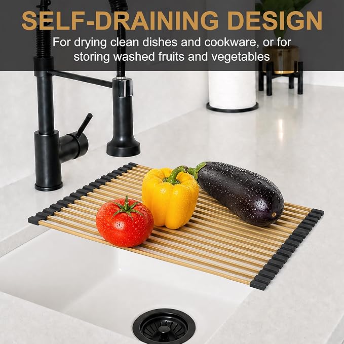Roll Up Dish Drying Rack 15 Tube 11.42" x 17.72" Kitchen Sink Rack Over the Sink Dish Drying Rack Stainless Steel Dish Rack Heat-Resistant Dish Drainer, Gold - Image 2