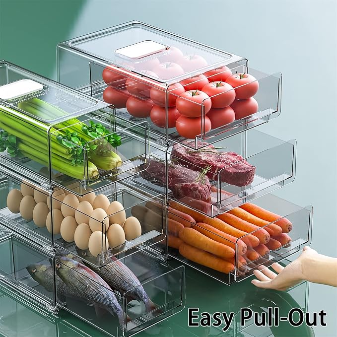 YekouMax Pantry Organization and Storage Bins, Refrigerator Organizer, Plastic Stackable Storage Bins with Drawers, Pull-Out Cabinet Containers for Fridge Kitchen Office (2 PACK, 11.81"x5.31"x 4.52") - Image 3