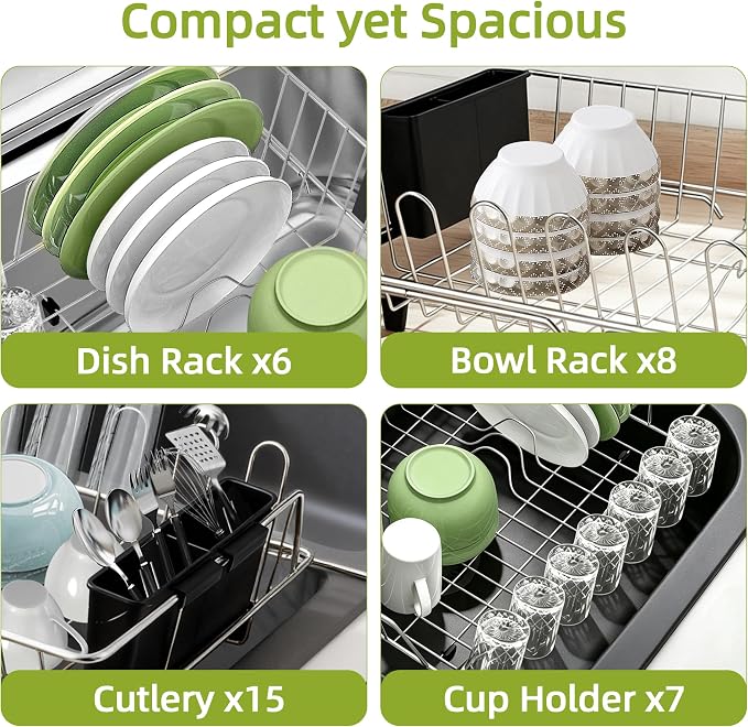 in Sink Expandable Dish Drying Rack with Silicone Mat-Extra Large Stainless Steel Dish Drainer Over The Sink with Utensil Holder, Applicable for Sink Width 16'-22' (Silver,23.2'*12.2') - Image 5