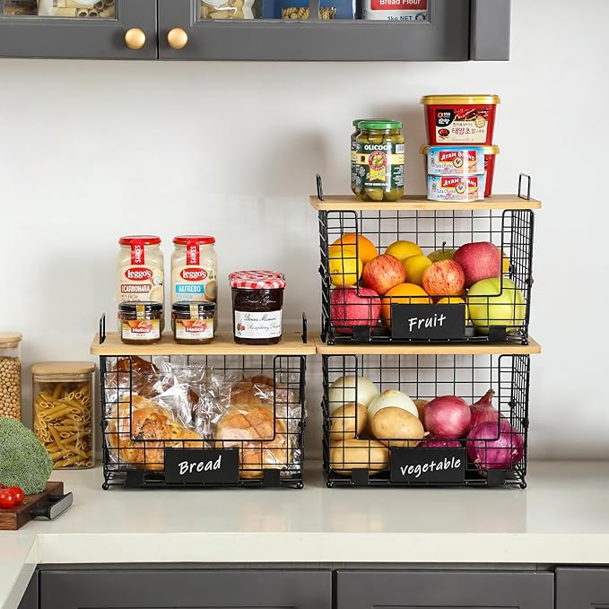 2 Set XXL Stackable Wire Basket with Bamboo Tops & Tag- Pantry Organizer and Storage Bins, Kitchen Counter Cabinet Shelf Countertop Under Sink Organizing, Food Snack Produce Onion Potato Bread Storage - Image 2