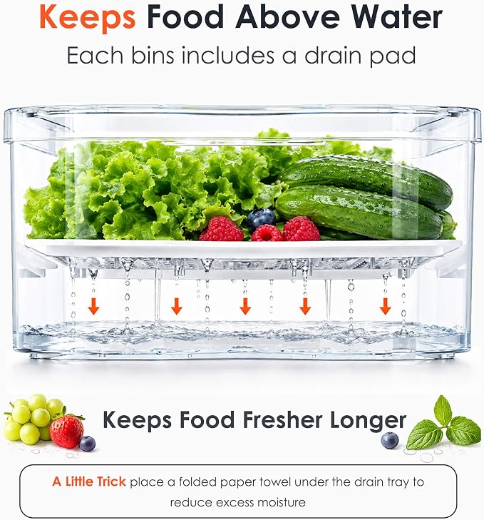 SMRCAD 6 Pack Clear Fridge Organizer Bins with Drain Trays - Stackable | BPA-Free PET, 6 Pack: 6 lidded Bins (Not drawer), Helps Keep Produce Fresh, 14L Capacity, Hand Wash Only - Image 4