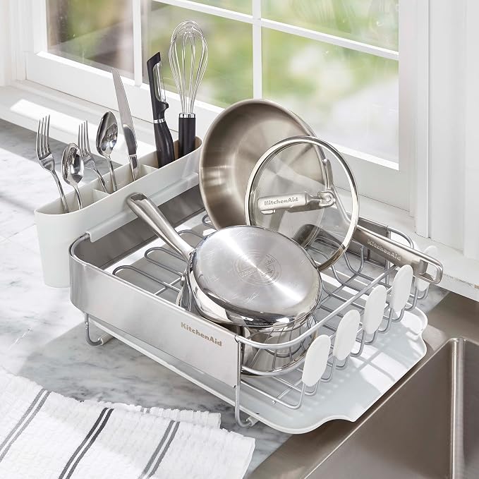 KitchenAid Compact Satin Wire Rust Resistant, Expandable Dish Rack with Angled Self Draining Drainboard with Removable Flatware Caddy, 23.18-Inch, Gray - Image 8