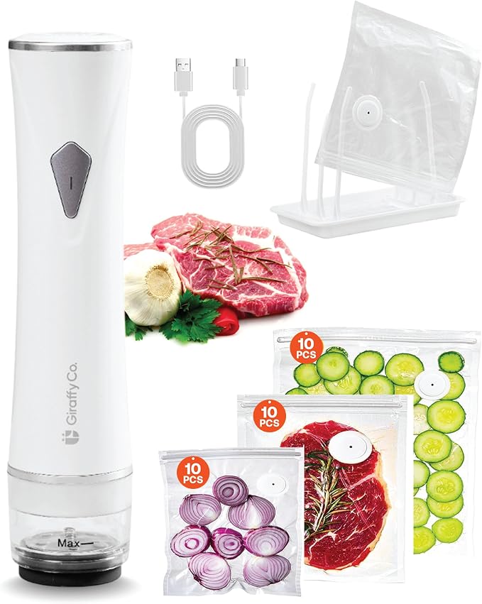 GIRAFFYCO Compact Handheld Vacuum Sealer Set with 30 Reusable Bags | 30 S/M/L Reusable Bags, 10 pc Each Size, Foldable Drying Rack, Gift Set for Meal Prep, Freezer Storage & Sous Vide by Unknown