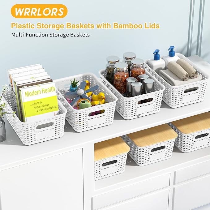 6 Pack Plastic Storage Baskets,White bamboo lid storage Box | Labels, Stackable, For Organizing Shelves Pantry Drawers Desktop Closets Organizing Desktop Closet Playroom Classroom - Image 2