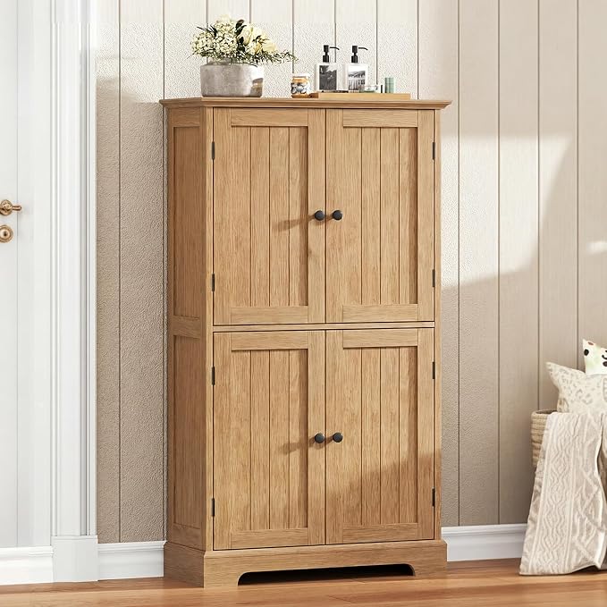ChooChoo Bathroom Floor Cabinet with Adjustable Shelves | Bathroom Storage Cabinet, 4 Doors, Freestanding Cupboard for Living Room, Natural - Image 2
