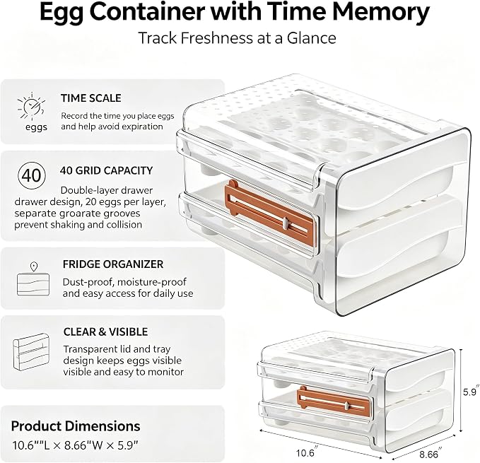 Sooyee Egg Holder for Fridge, Clear, 2 Drawers 40 Eggs | Eggs Organizer for Refrigerator,Space-Saving Egg Container, Clear Acrliy 2-Tier Egg Tray Storage for Kitchen - Image 5