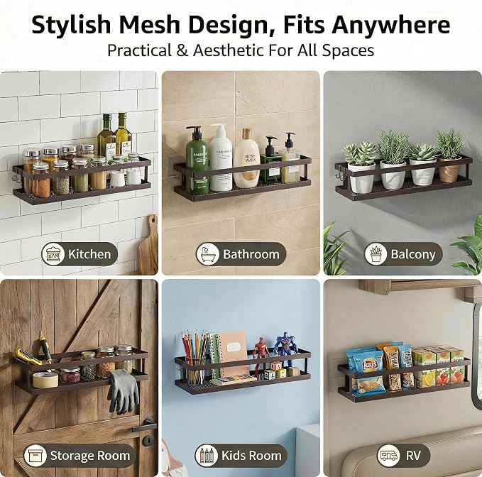 PUSDON 2-Pack 16.5" Extra Long Slim Shower Caddy, Adhesive Wall Mount Bathroom Organizer, Rustproof Open Frame Mesh Spice Rack for Kitchen, Holds 50LBS - Vintage Bronze, Guardrail - Image 3