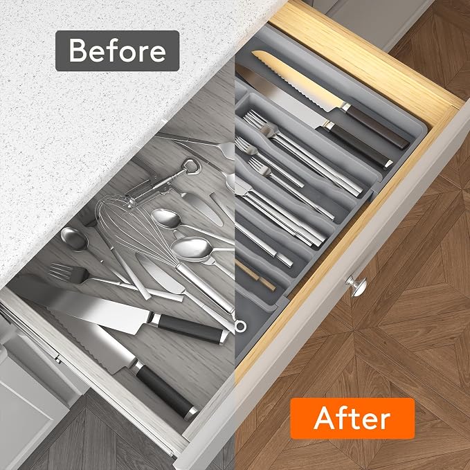 Lifewit Extra Large Silverware Drawer Organizer, Expandable Utensil Tray | BPA Free Flatware Cutlery Holder for Kitchen, Adjustable Plastic Storage for Spoons Forks Knives, 13-22.4 x 16.7", Gray - Image 6
