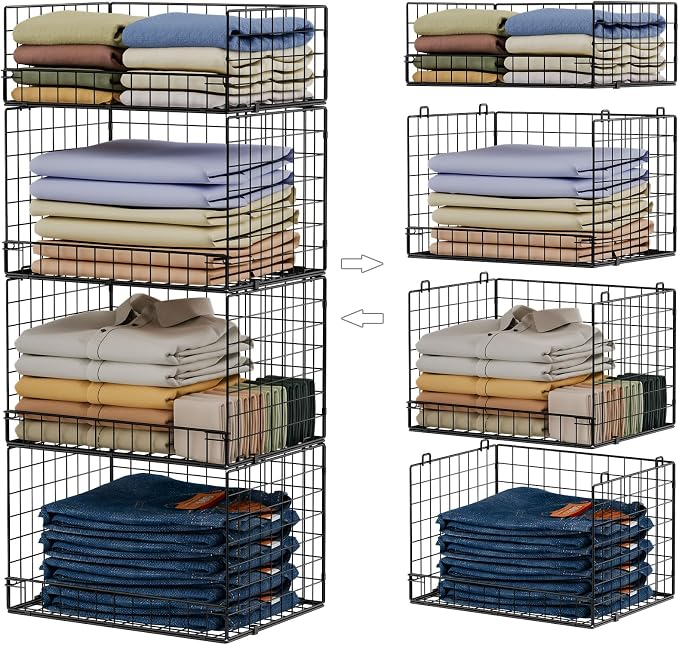 4 Tier Stackable Closet Organizers and Storage Shelves, Foldable Closet Shelf Organizer System, Stackable Storage Bins Drawers for Clothes Organizer System, Black（Patent No. 30022416） by FollowWithYociyogaTogether