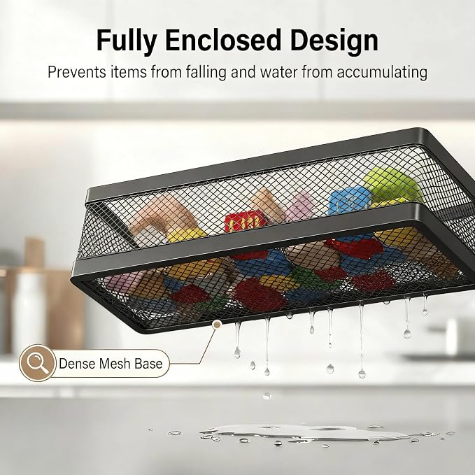 PUSDON 5-in-1 16.5" Extra Long Slim Wall Mount Wrapped Mesh Kitchen Organizer & Shower Caddy Kit, with Paper Towel Holder, Utensil Holder, Soap Dish, Holds 50LBS - Matte Black, Netting - Image 4