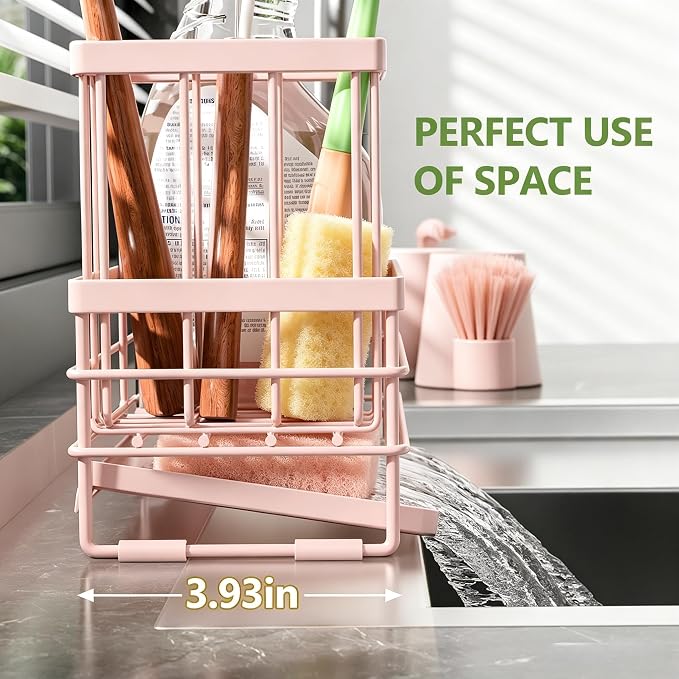 Cisily Pink Sink Caddy Sponge Holder for Kitchen with Brush Holder and Stainless Steel Self Drain Tray, Rustproof Kitchen Sink Organizer for Sponge, Soap Dispenser Storage Accessories - Image 3