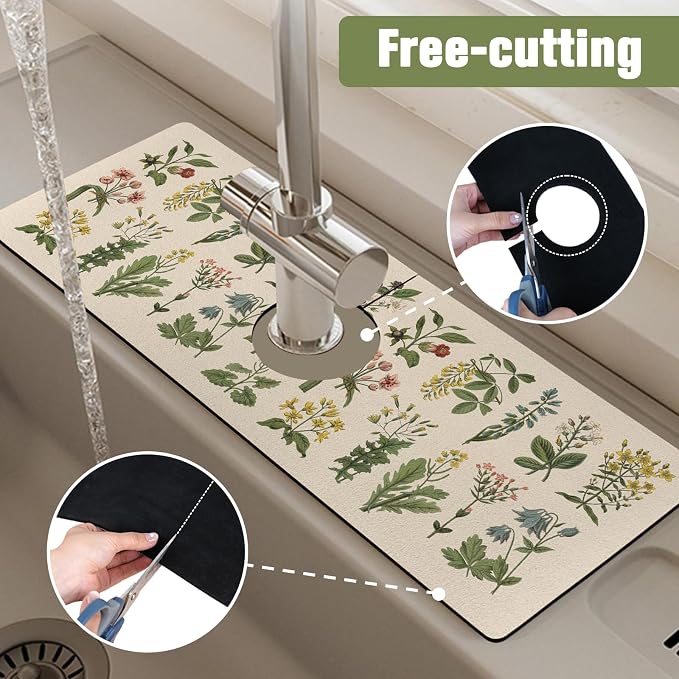 2 Pack Kitchen Sink Splash Guard Faucet Mat 15" X 5.5" Floral Absorbent Fast Drying Mat Faucet Draining Mat Sink Splash Guard Behind Faucet Drip Catcher for Kitchen Bathroom - Image 6