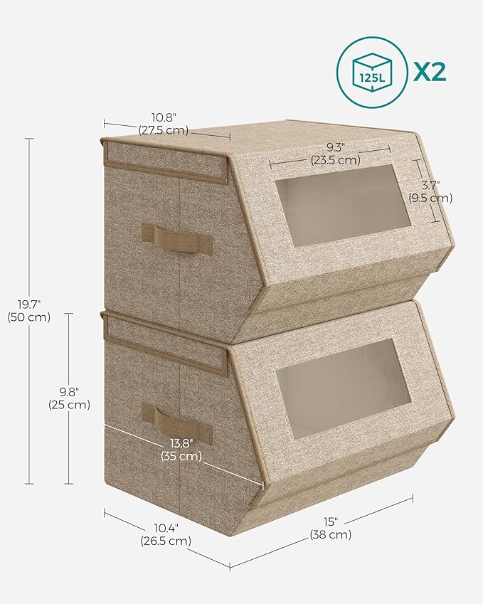 SONGMICS Stackable Storage Bins, Set of 2, with Lids and Front Windows | Closet Organizers, Linen-Look Non-Woven Fabric, Magnetic Closures, Side Handles, Beige, TINA Collection URLB002Y01 - Image 5