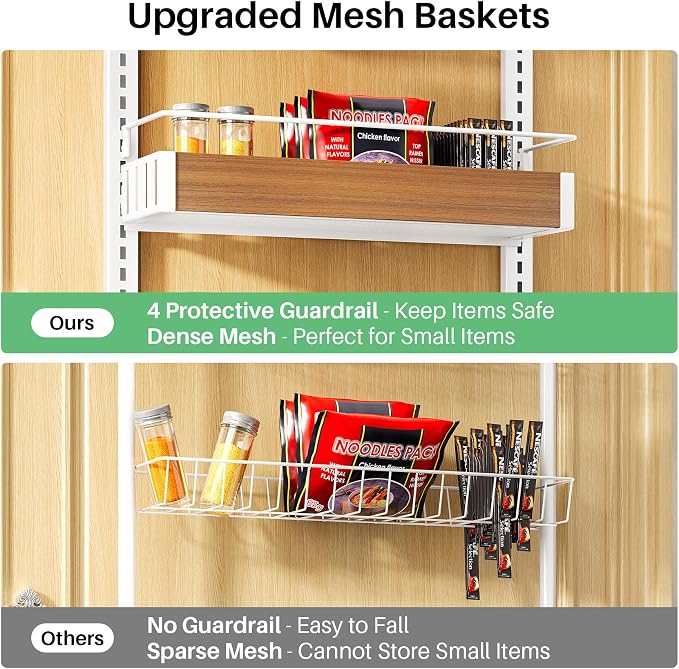 SNTD 8 Tiers Wooden Over the Door Organizer, 17" W x 6" D x 69" H, Walnut | Pantry Door Organizers and Storage, Height Adjustable Spice Rack, Dense Mesh Baskets, Anti-Swing, Adjustable Door Fastener - Image 5