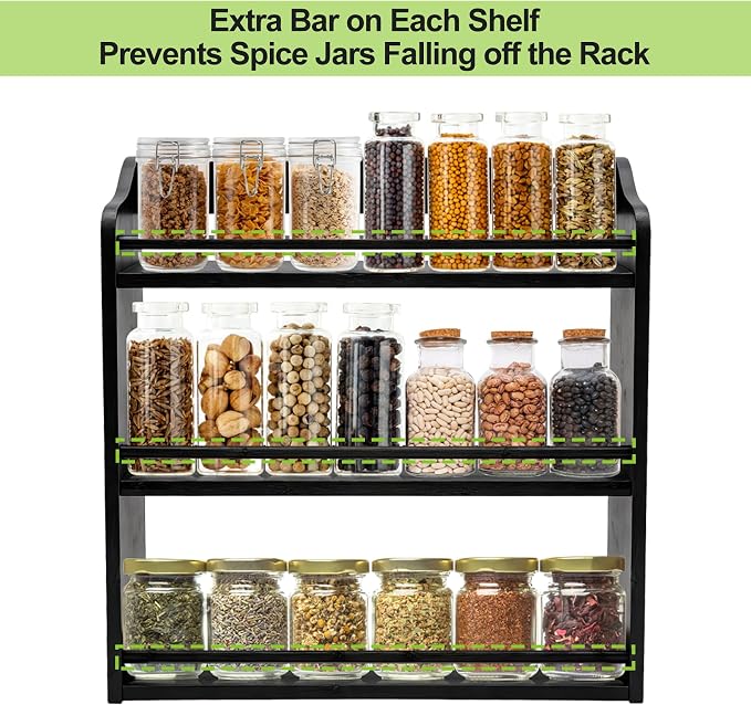 3 Tier Bamboo Spice Rack Wall Mount or Countertop,Spice Organizer | Seasoning Jars Rack Spice Shelf Organizer for Kitchen Counter or Wall Mounting (Black) - Image 6