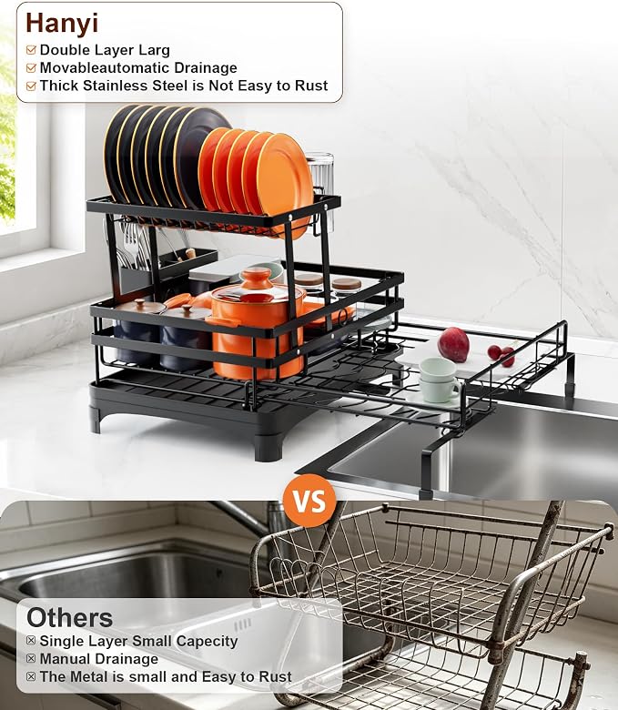 Hanyi 2-Tier Expandable Dish Drying Rack for Counter and Over Sink | Large-capacity rack with foldable upper tier, 15.7-26.4 in over-sink extension, automatic drainage and rust-resistant frame - Image 4
