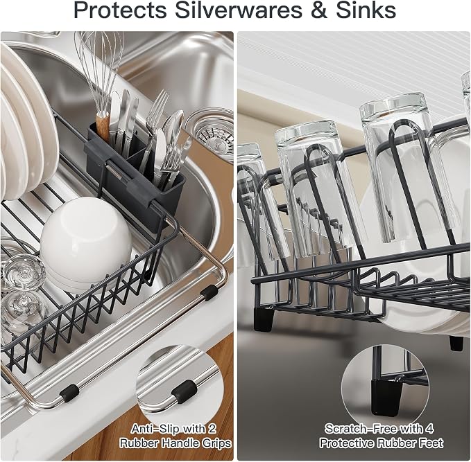 Grey Dish Drying Rack Over The Sink with Utensil Holder | Expandable Stainless Steel Dish Drainer for Small Kitchen, Apartment, RV, Counter Space Saving, Perfect Fit, Rustproof - Image 5