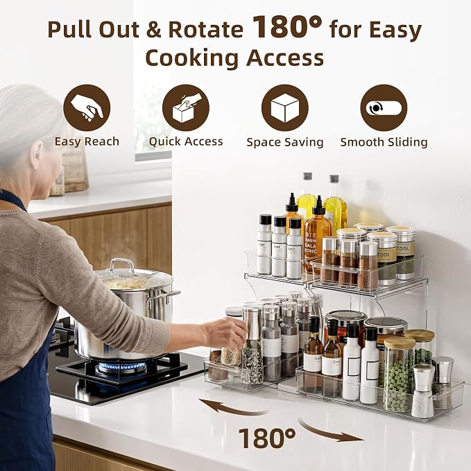 Spice Rack, Countertop Shelf Organizer, 2 Tier Kitchen Organizer | Pull Out 180° Rotating Bottom Shelf, Acrylic Spice Organizer for Cabinet, Pantry Storage, Coffee Station Organizer - Image 2